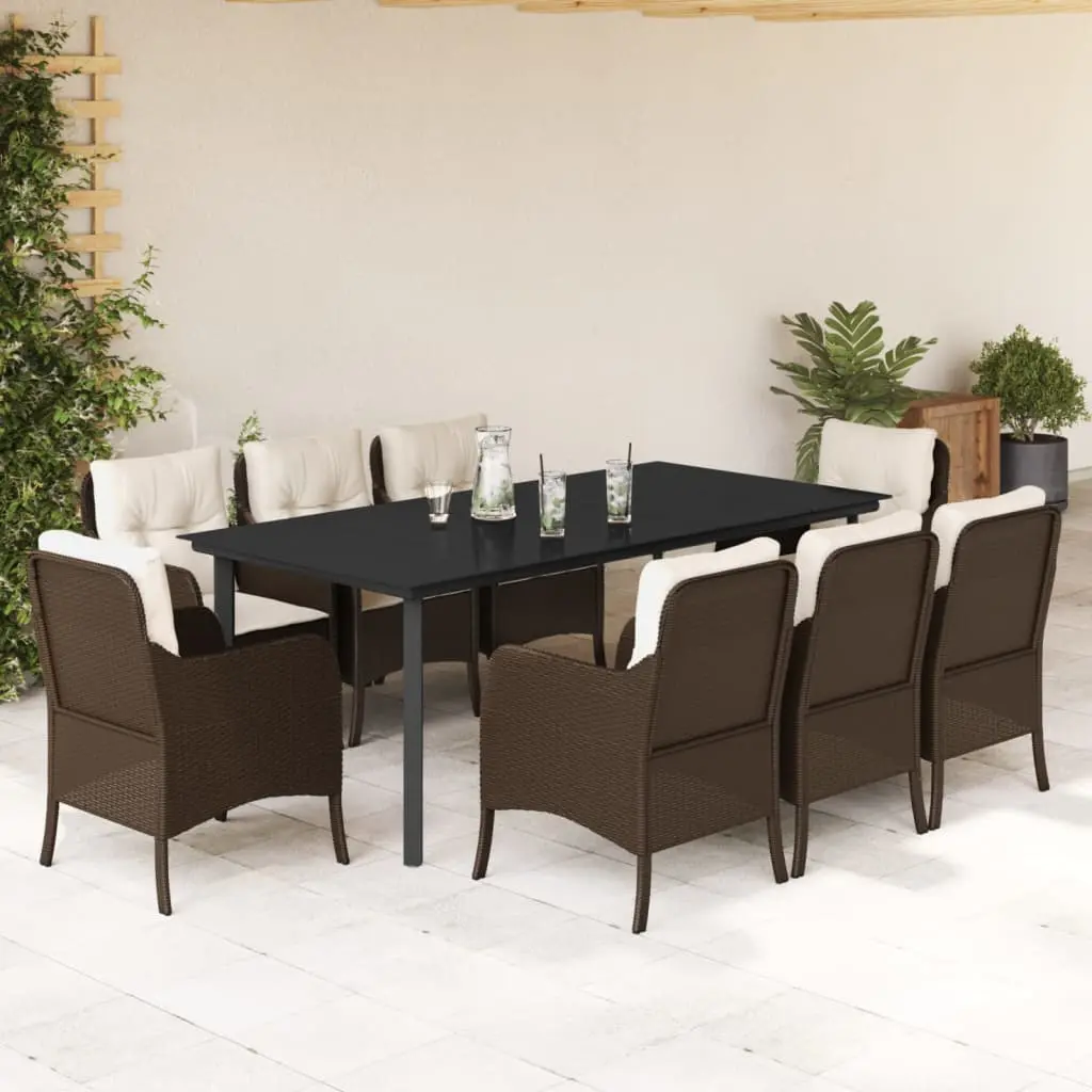 Set da Pranzo da Giardino 9pz con Cuscini Marrone in Polyrattan