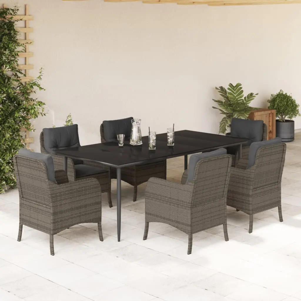 Set da Pranzo da Giardino 7 pz con Cuscini in Polyrattan Grigio