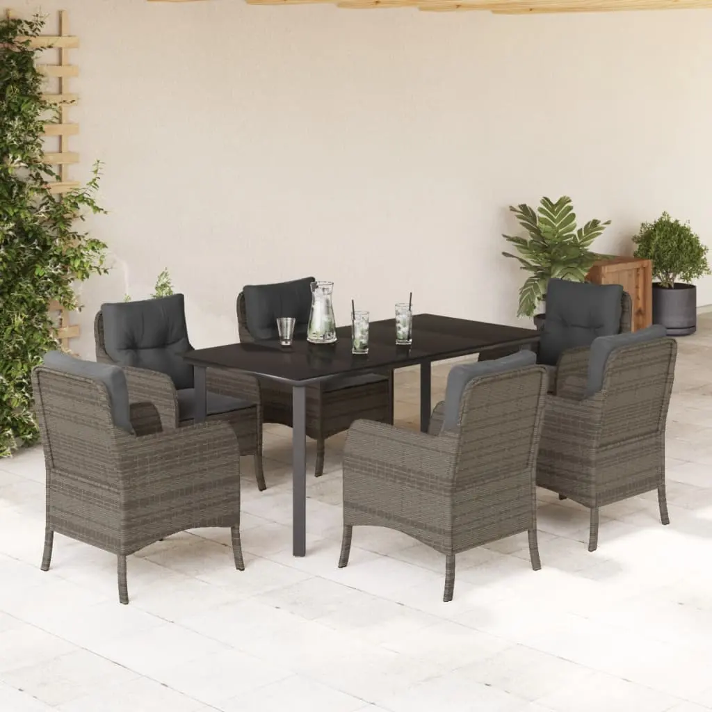 Set da Pranzo da Giardino 7 pz con Cuscini in Polyrattan Grigio