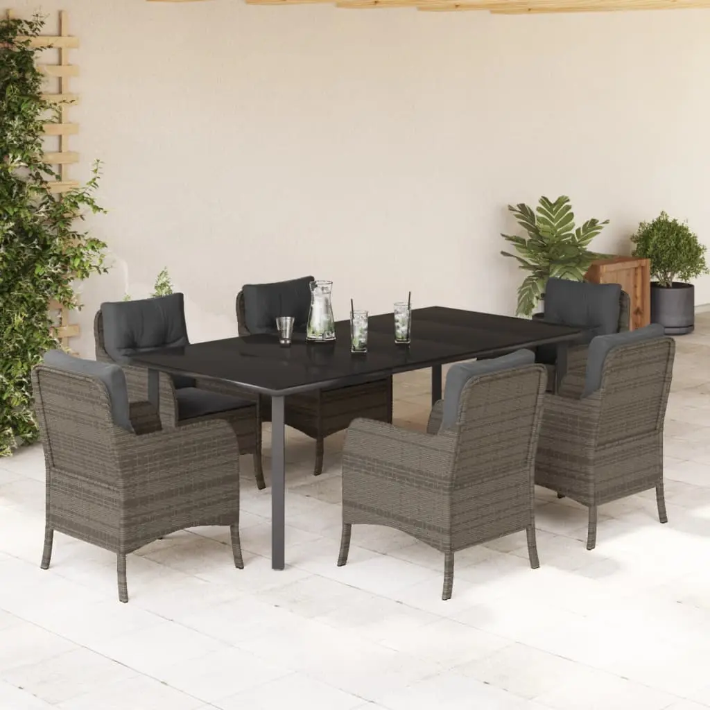 Set da Pranzo da Giardino 7 pz con Cuscini in Polyrattan Grigio