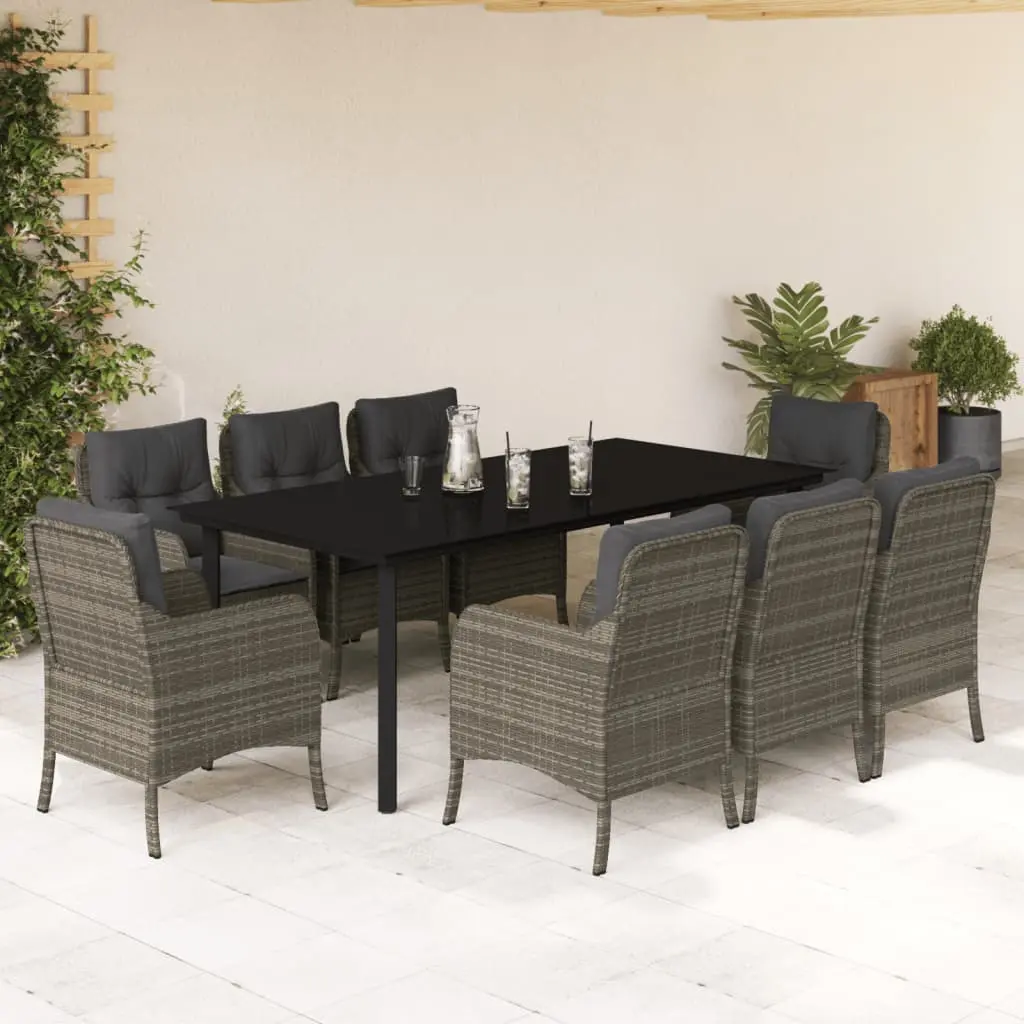 Set da Pranzo da Giardino 9 pz con Cuscini in Polyrattan Grigio