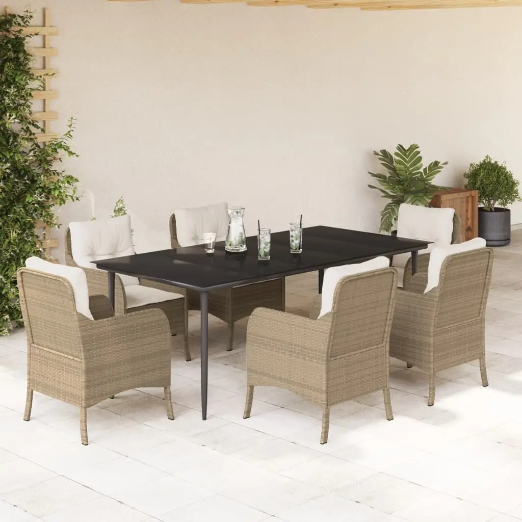 Set da Pranzo da Giardino 7 pz con Cuscini Beige in Polyrattan