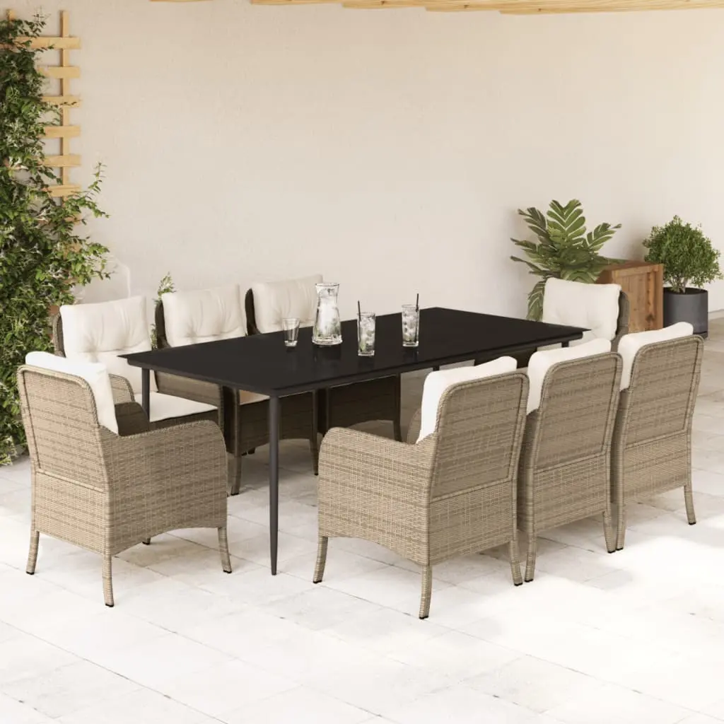 Set da Pranzo da Giardino 9 pz con Cuscini Beige in Polyrattan