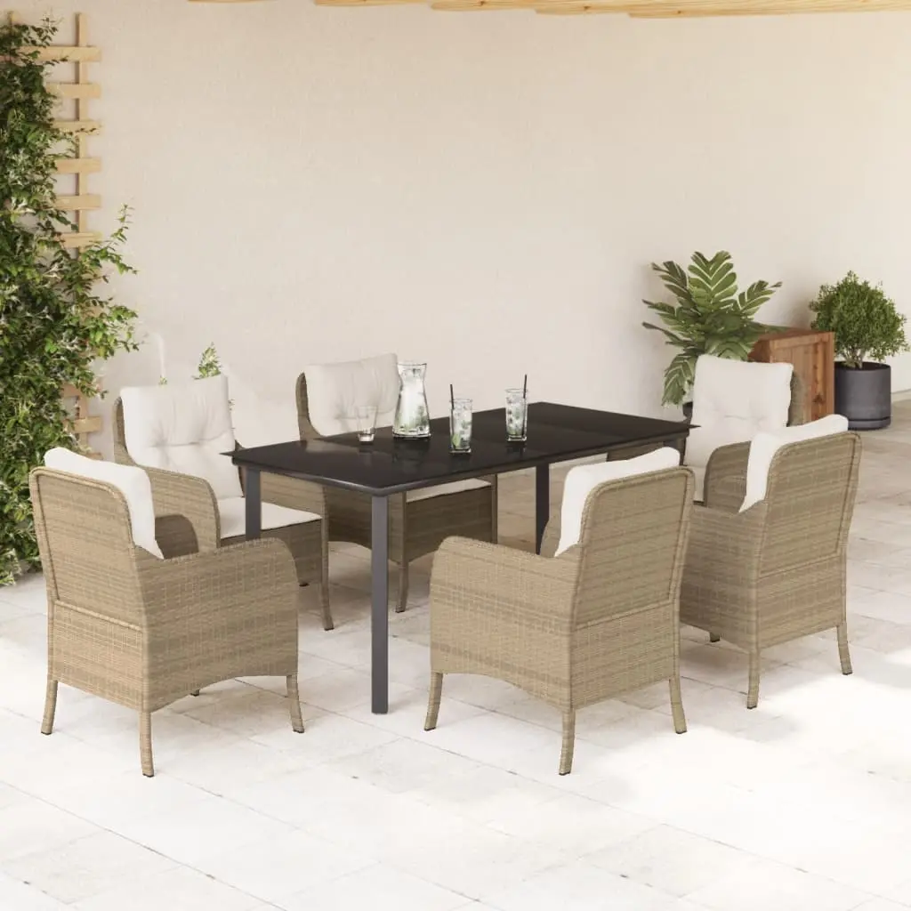 Set da Pranzo da Giardino 7 pz con Cuscini Beige in Polyrattan