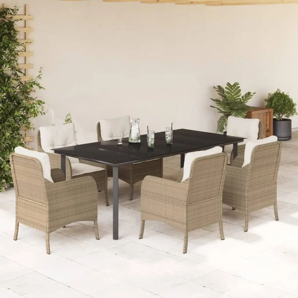 Set da Pranzo da Giardino 7 pz con Cuscini Beige in Polyrattan