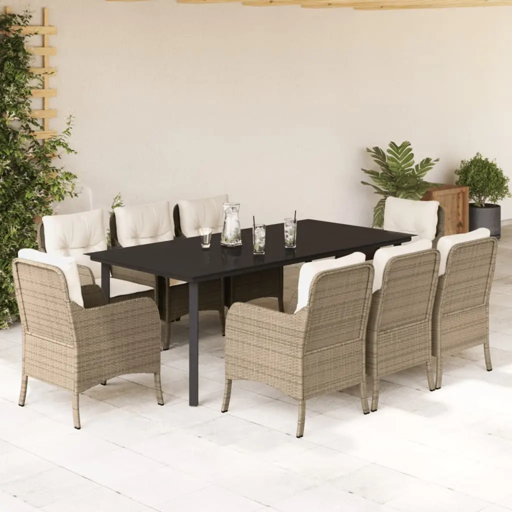 Set da Pranzo da Giardino 9 pz con Cuscini Beige in Polyrattan