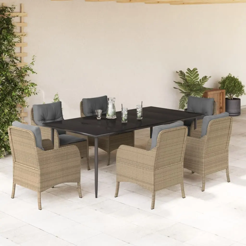 Set da Pranzo da Giardino 7 pz con Cuscini Beige in Polyrattan