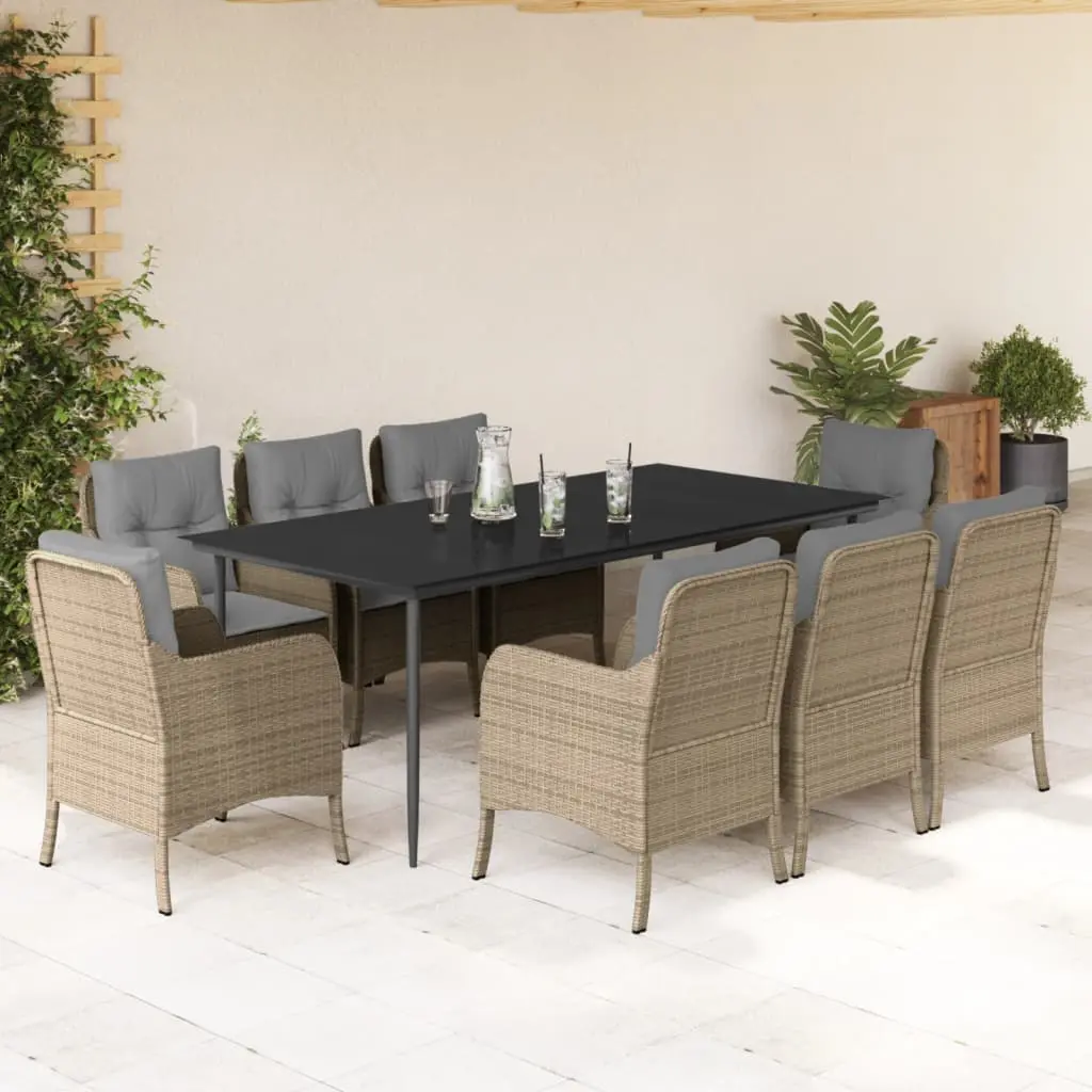 Set da Pranzo da Giardino 9 pz con Cuscini Beige in Polyrattan