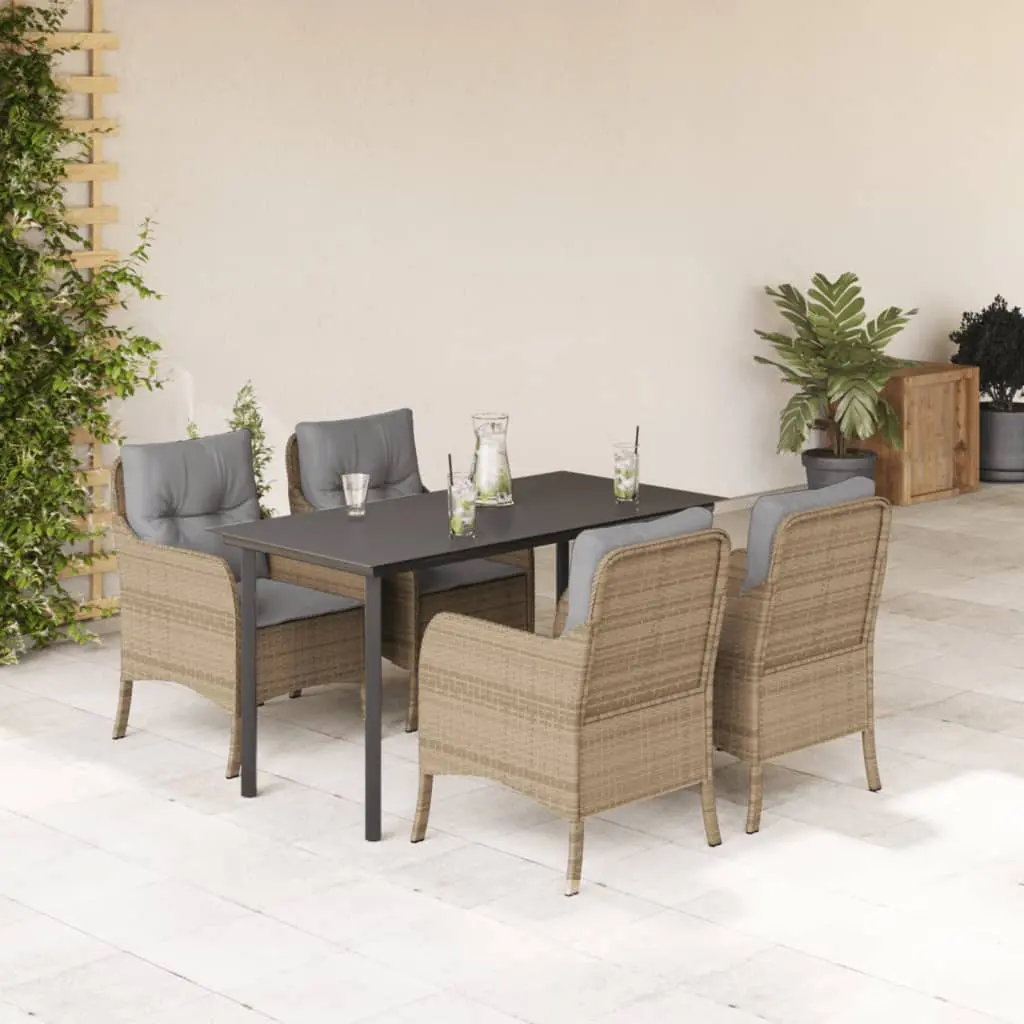 Set da Pranzo da Giardino 5 pz con Cuscini Beige in Polyrattan