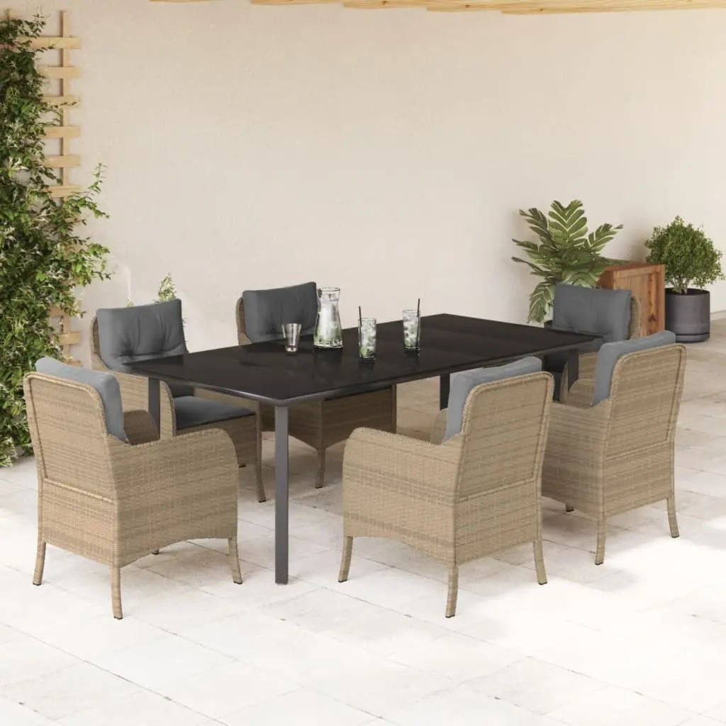 Set da Pranzo da Giardino 7 pz con Cuscini Beige in Polyrattan