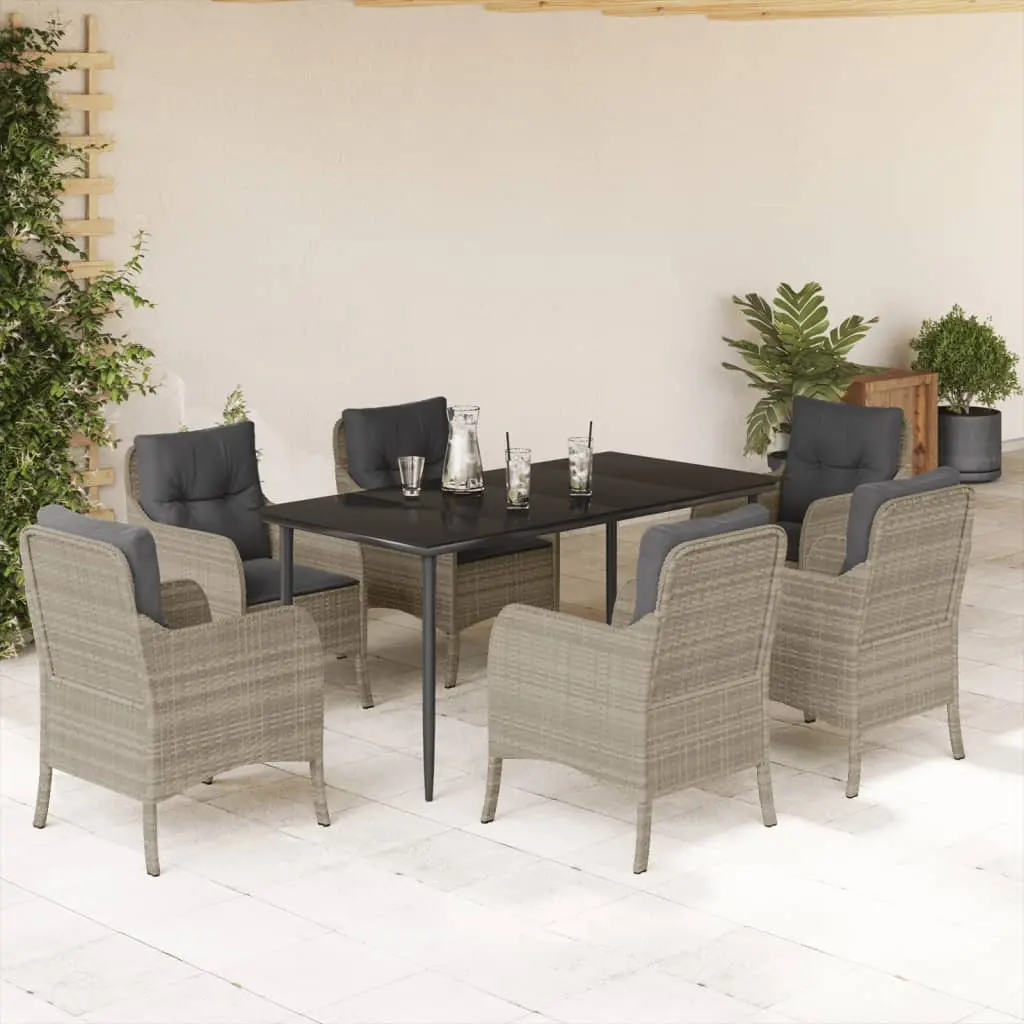 Set da Pranzo da Giardino 7 pz Cuscini Polyrattan Grigio Chiaro