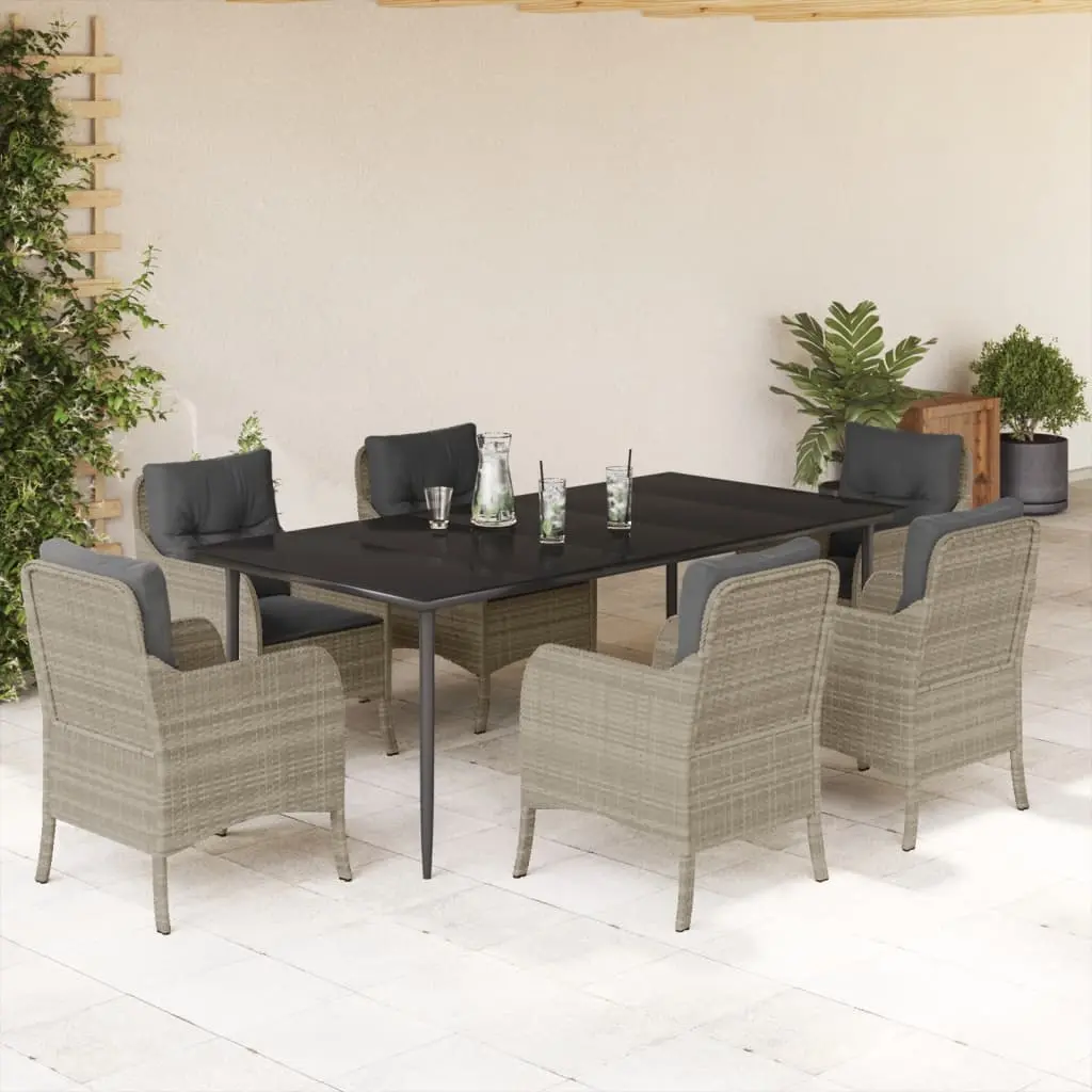 Set da Pranzo da Giardino 7 pz Cuscini Polyrattan Grigio Chiaro