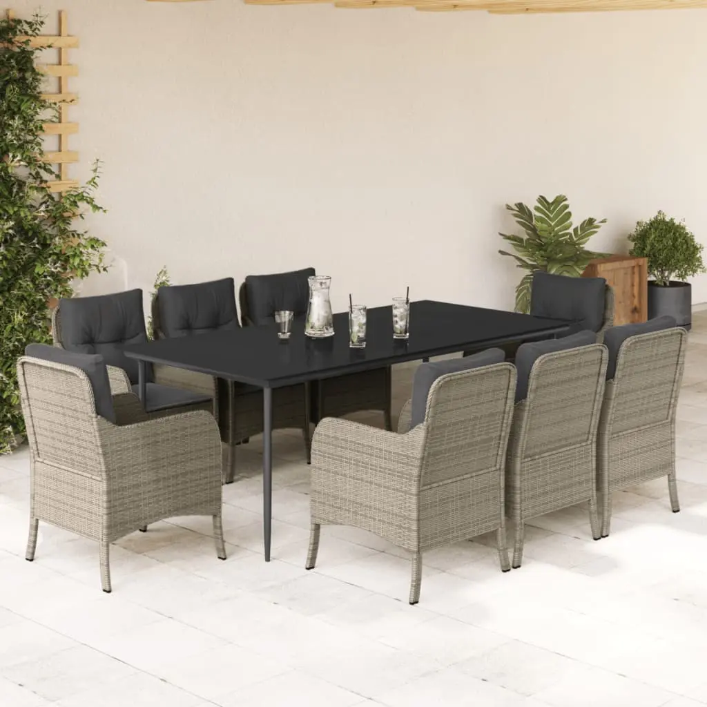 Set Pranzo da Giardino 9pz con Cuscini Grigio Chiaro Polyrattan