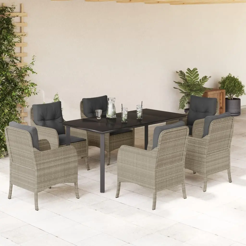 Set da Pranzo da Giardino 7 pz Cuscini Polyrattan Grigio Chiaro