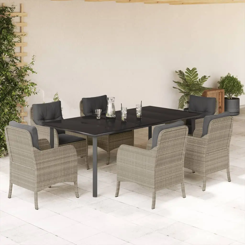 Set da Pranzo da Giardino 7 pz Cuscini Polyrattan Grigio Chiaro