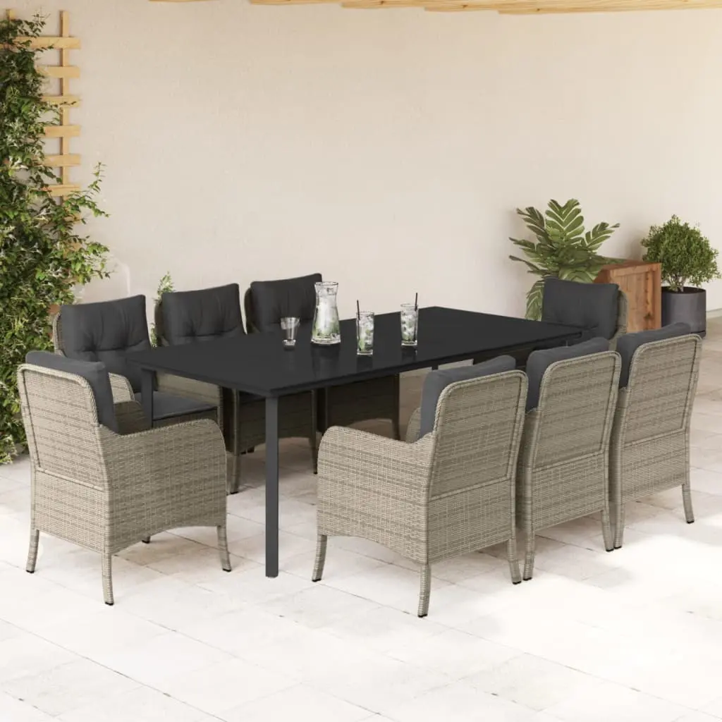 Set Pranzo da Giardino 9pz con Cuscini Grigio Chiaro Polyrattan