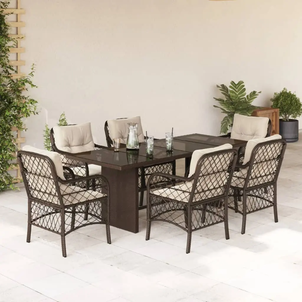 Set da Pranzo da Giardino 7pz con Cuscini in Polyrattan Marrone