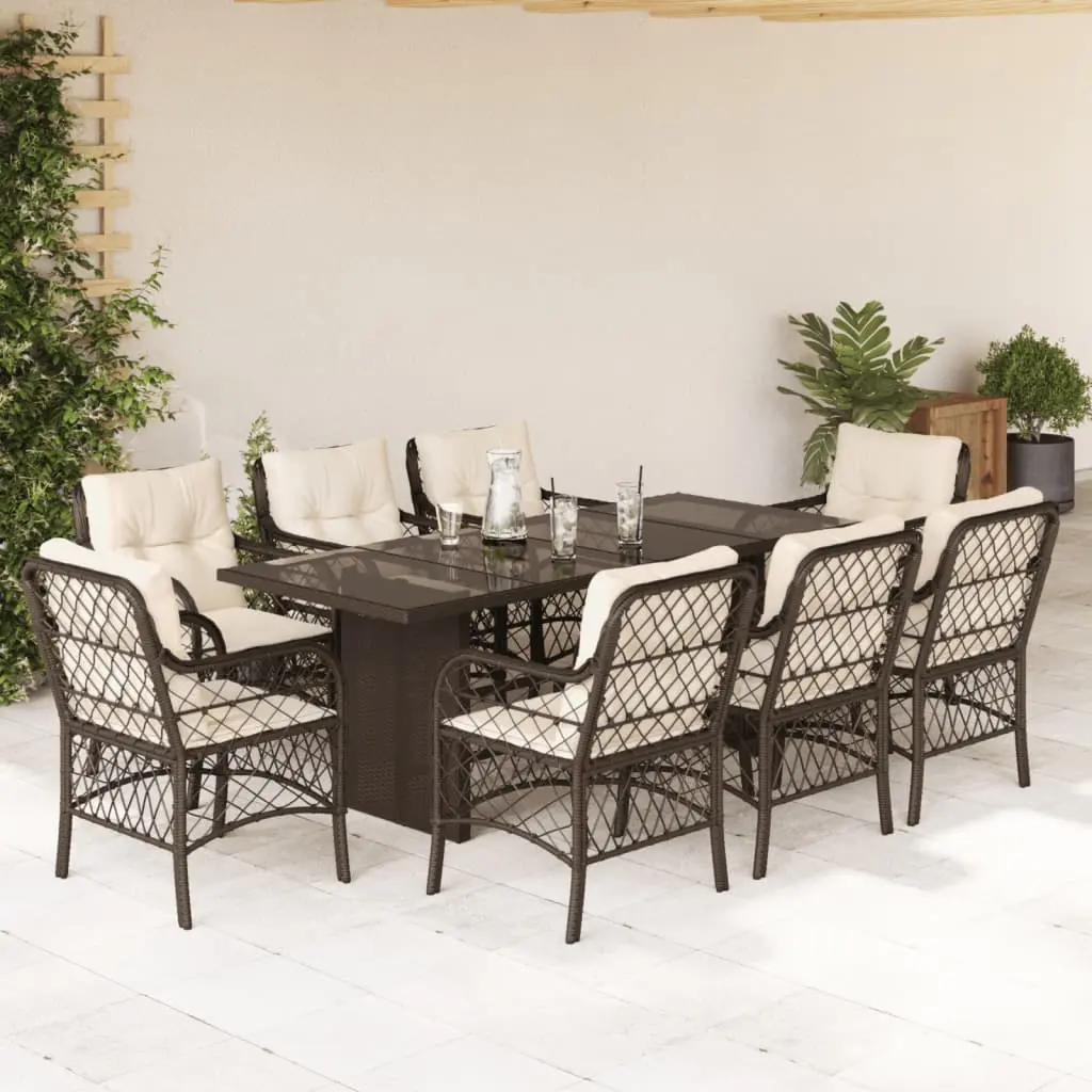 Set da Pranzo da Giardino 9pz con Cuscini Marrone in Polyrattan