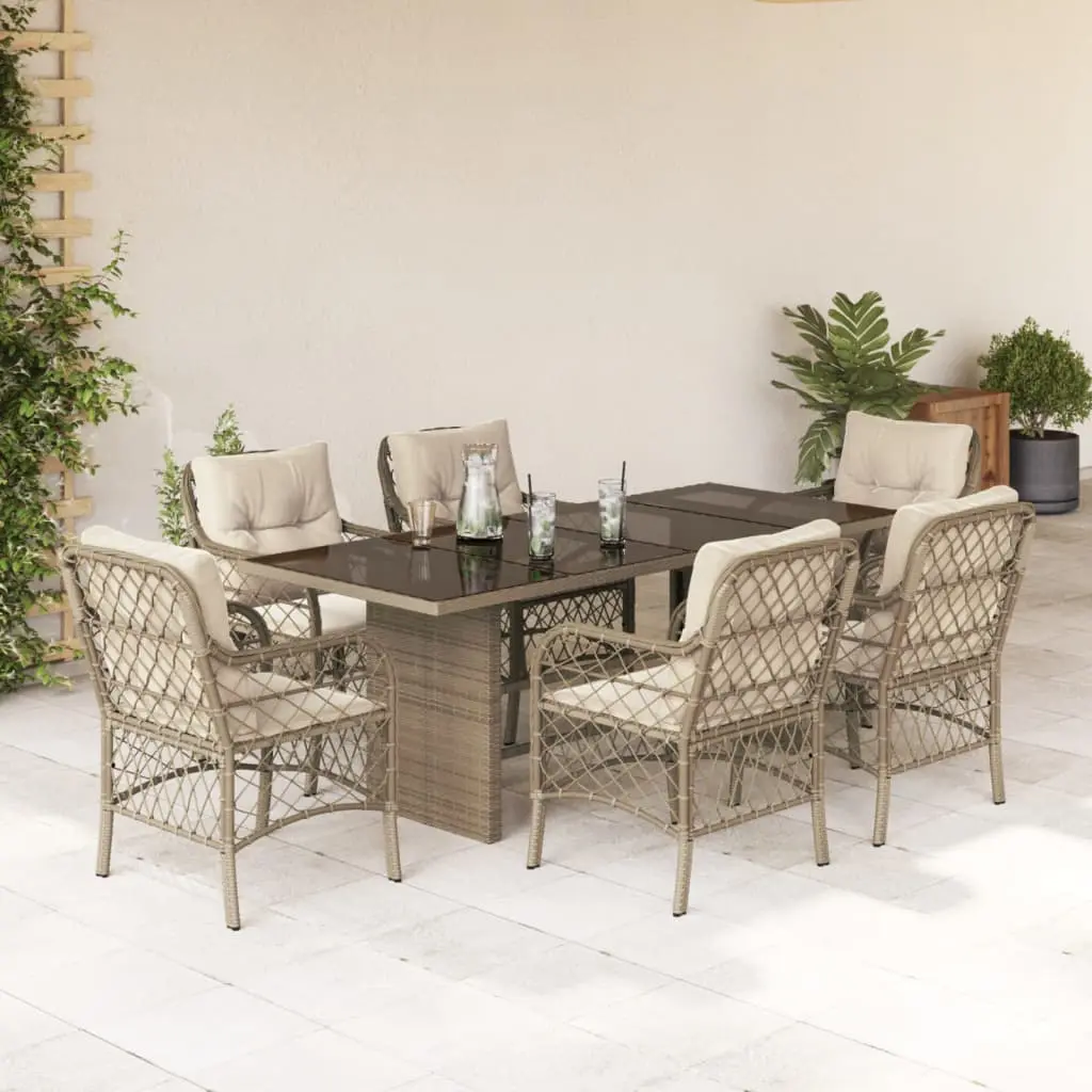 Set da Pranzo da Giardino 7 pz con Cuscini Beige in Polyrattan