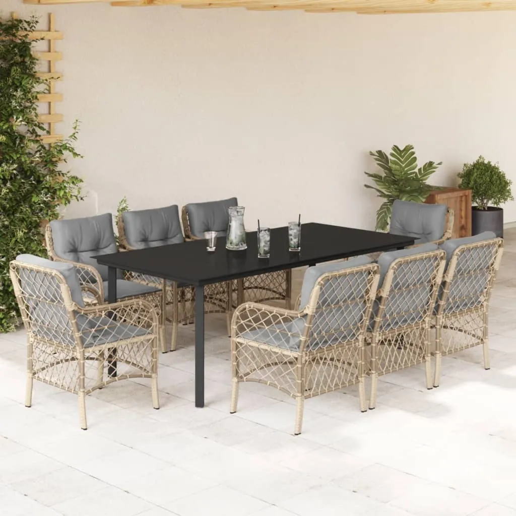 vidaXL Set Pranzo da Giardino 9 pz con Cuscini Beige Misto Polyrattan