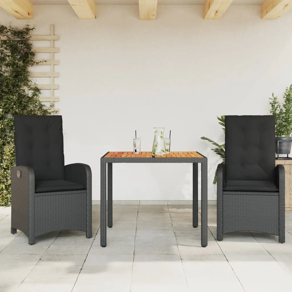 vidaXL Set da Pranzo da Giardino 3 pz con Cuscini Nero in Polyrattan