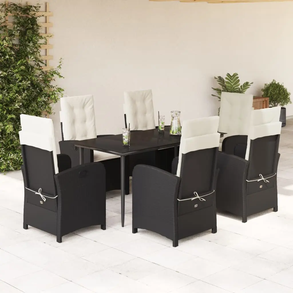 Set da Pranzo da Giardino 7 pz Nero con Cuscini in Polyrattan