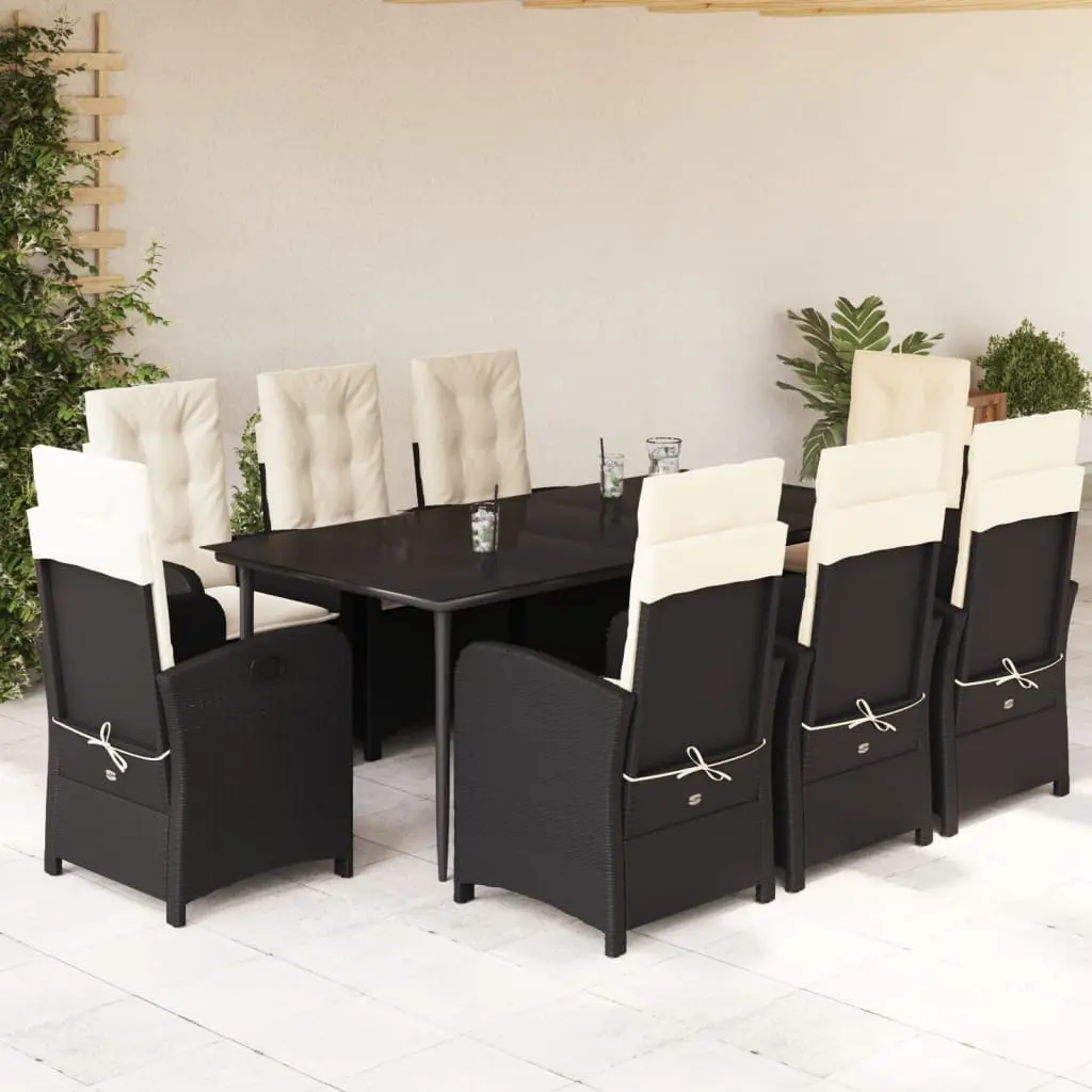 Set da Pranzo da Giardino 9 pz con Cuscini Nero in Polyrattan