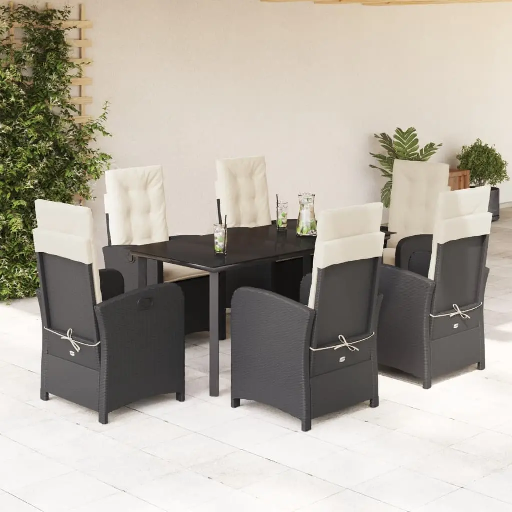 Set da Pranzo da Giardino 7 pz Nero con Cuscini in Polyrattan