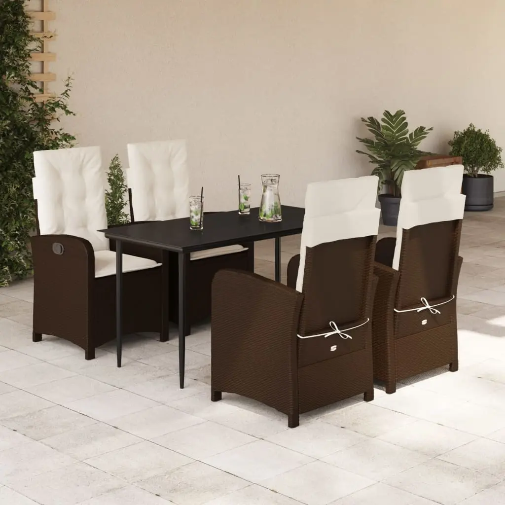 Set da Pranzo da Giardino 5pz con Cuscini in Polyrattan Marrone