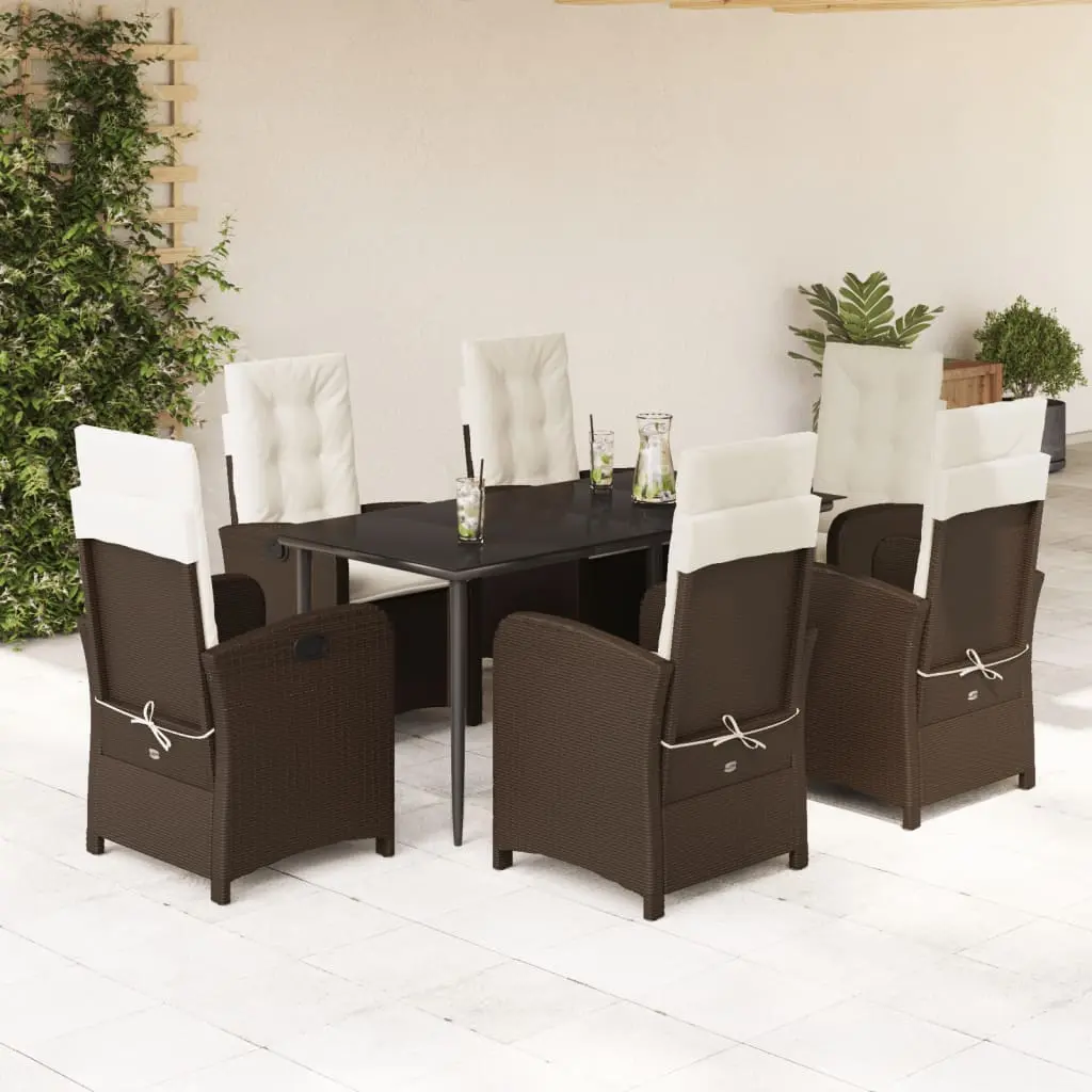 Set da Pranzo da Giardino 7pz con Cuscini in Polyrattan Marrone