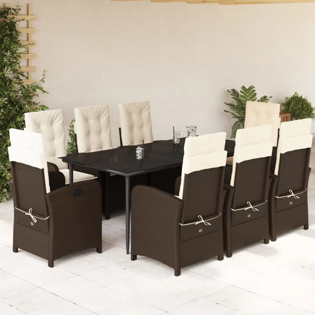 Set da Pranzo da Giardino 9pz con Cuscini Marrone in Polyrattan