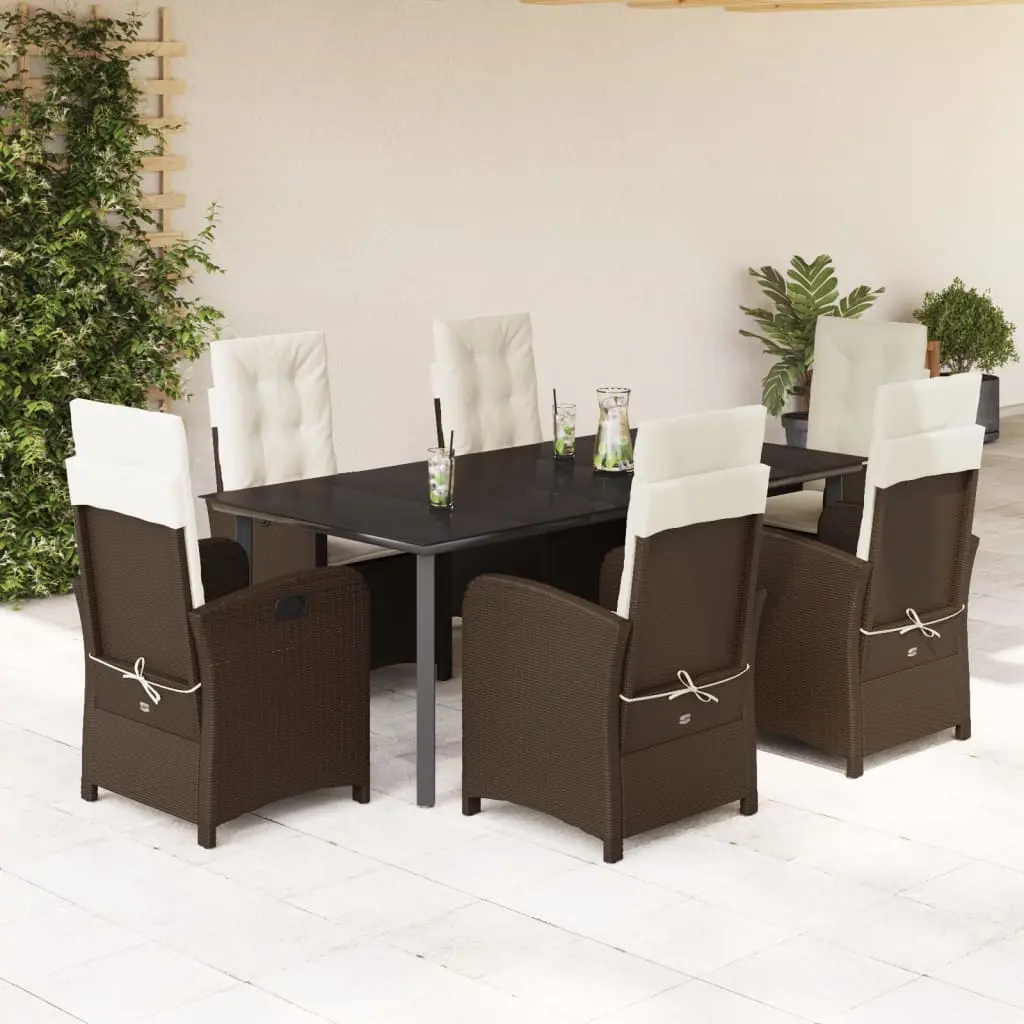 Set da Pranzo da Giardino 7pz con Cuscini in Polyrattan Marrone