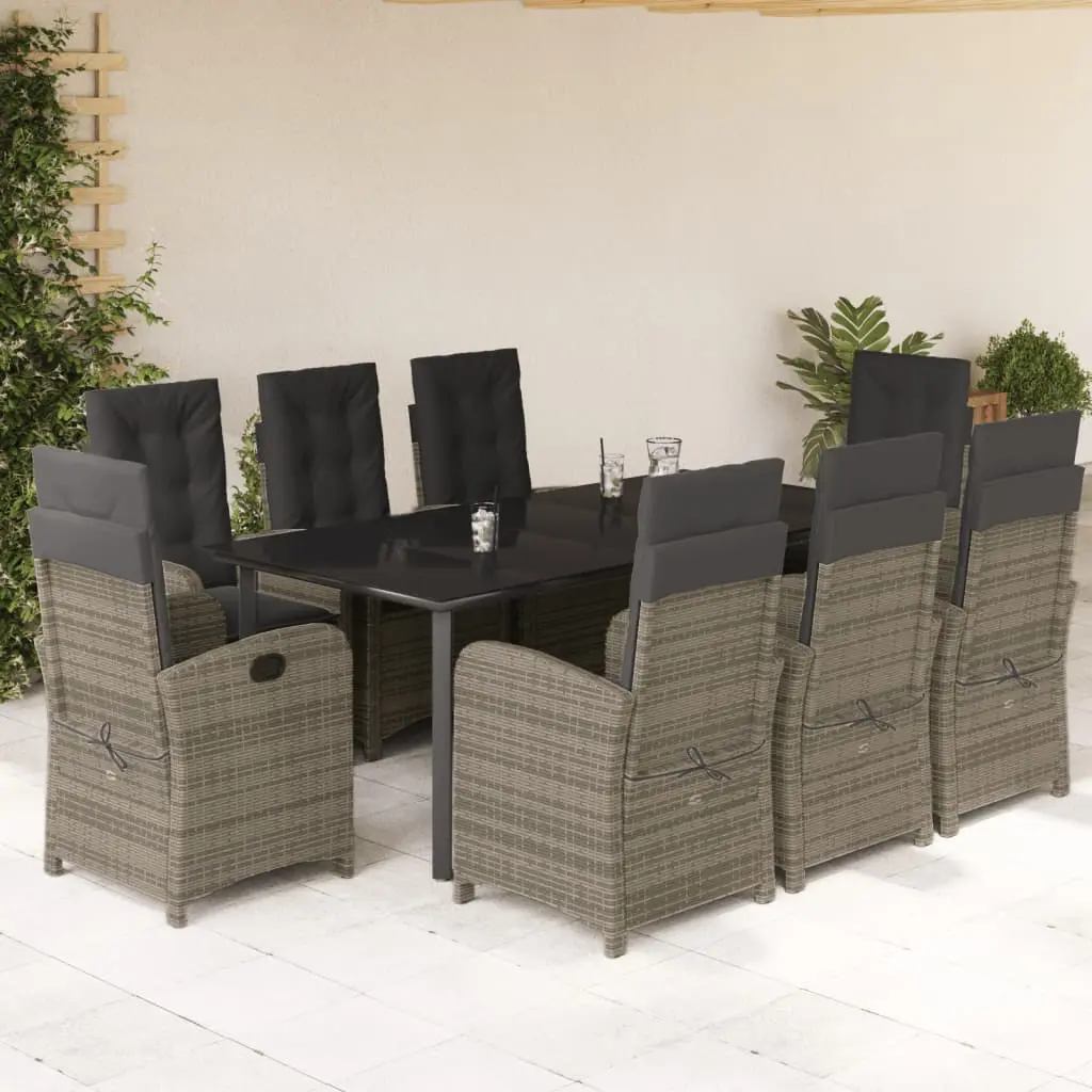 Set da Pranzo da Giardino 9 pz con Cuscini in Polyrattan Grigio