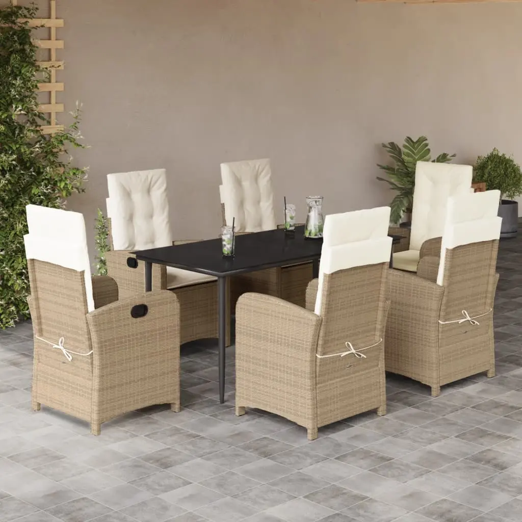 Set da Pranzo da Giardino 7 pz con Cuscini Beige in Polyrattan