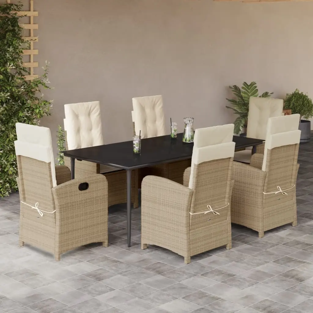 Set da Pranzo da Giardino 7 pz con Cuscini Beige in Polyrattan