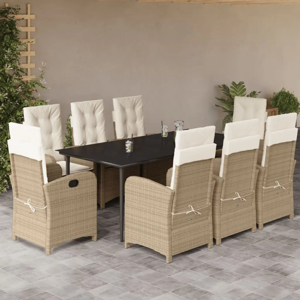 Set da Pranzo da Giardino 9 pz con Cuscini Beige in Polyrattan