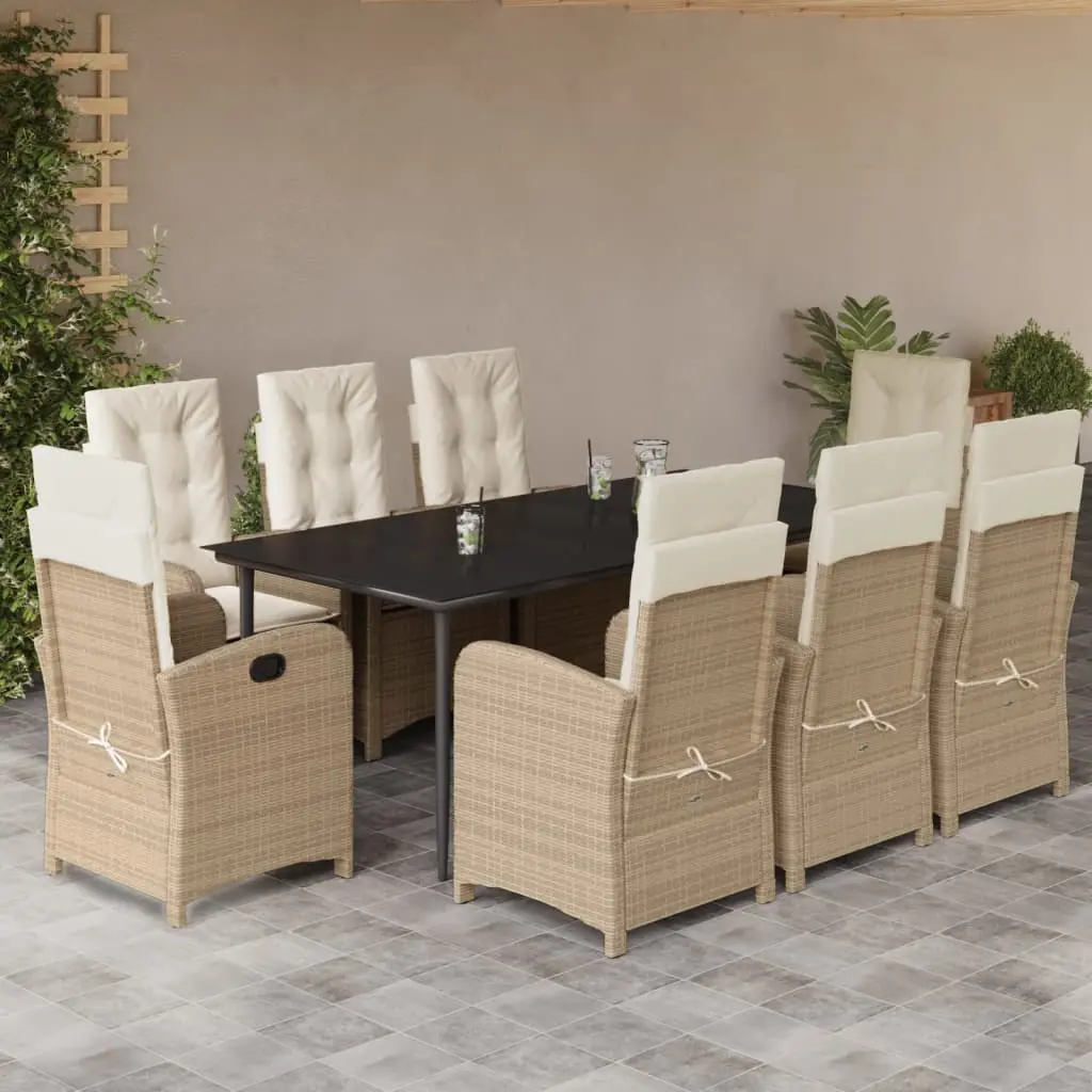 Set da Pranzo da Giardino 9 pz con Cuscini Beige in Polyrattan