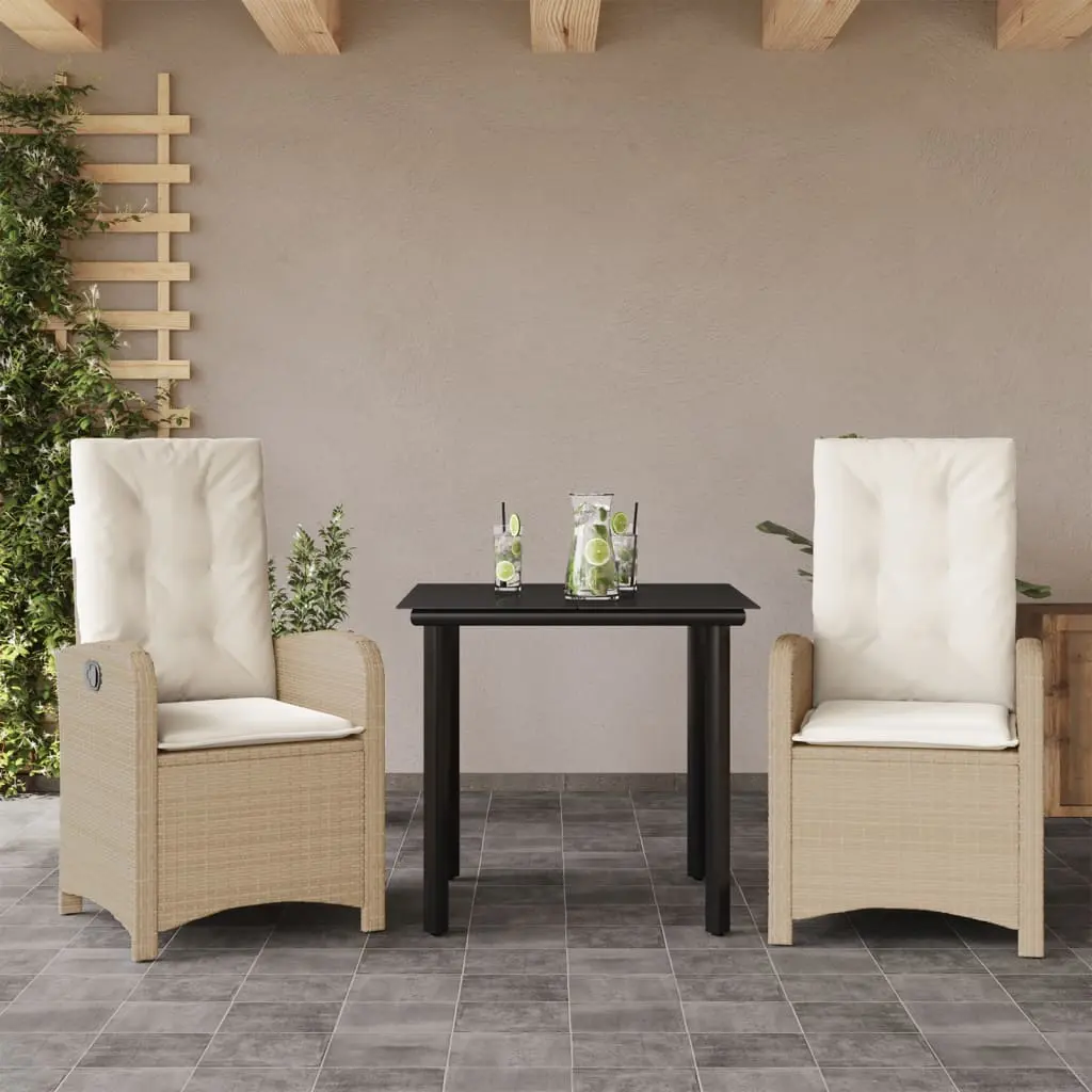 Set da Pranzo da Giardino 3 pz con Cuscini Beige in Polyrattan