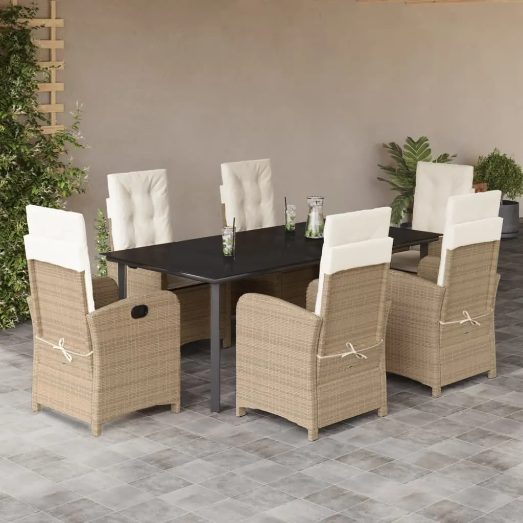 Set da Pranzo da Giardino 7 pz con Cuscini Beige in Polyrattan