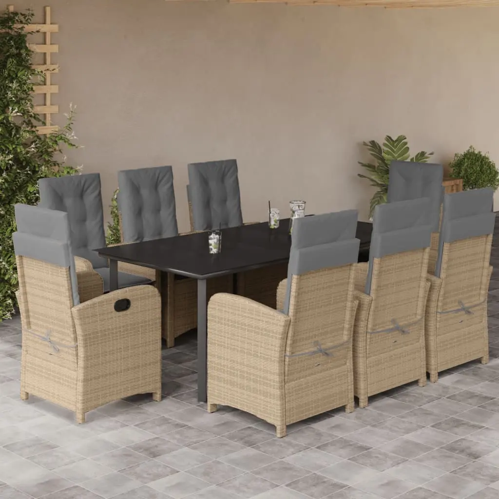 Set Pranzo da Giardino 9 pz con Cuscini Beige Misto Polyrattan