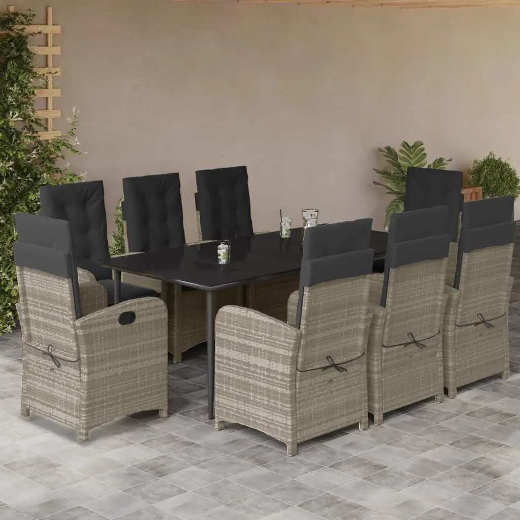 Set Pranzo da Giardino 9pz con Cuscini Grigio Chiaro Polyrattan