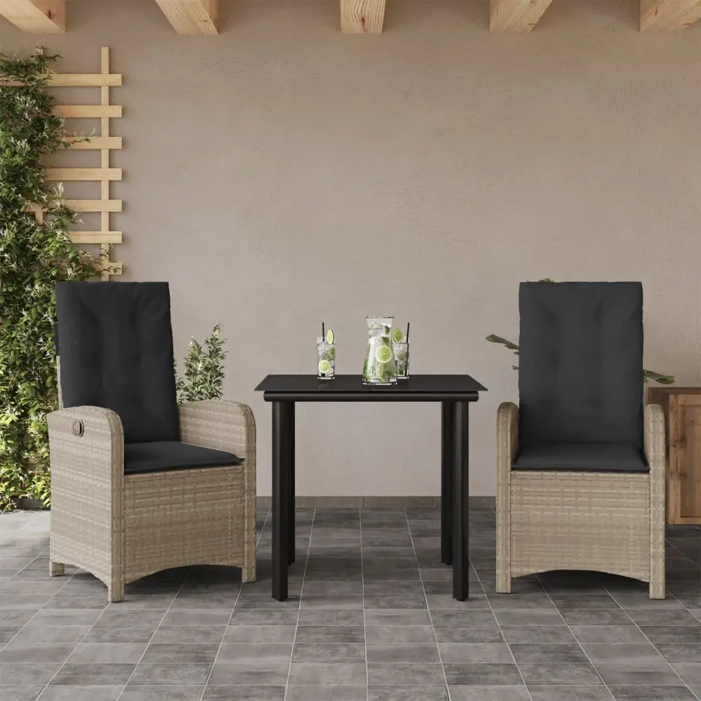 Set Pranzo da Giardino 3pz con Cuscini Grigio Chiaro Polyrattan