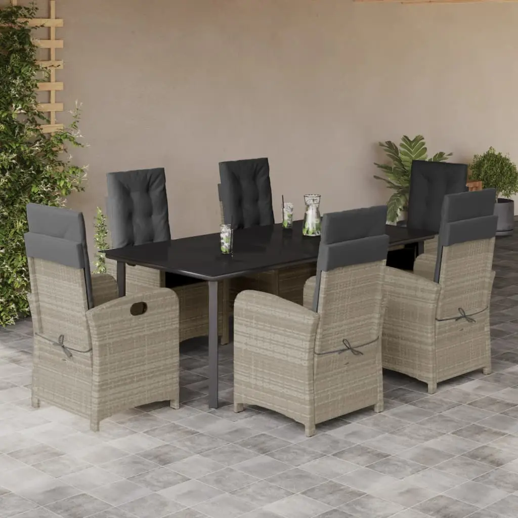 Set da Pranzo da Giardino 7 pz Cuscini Polyrattan Grigio Chiaro