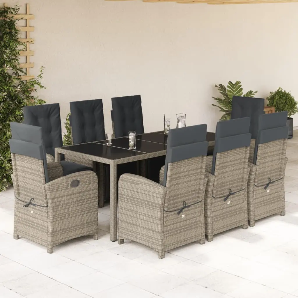 Set da Pranzo da Giardino 9 pz con Cuscini in Polyrattan Grigio