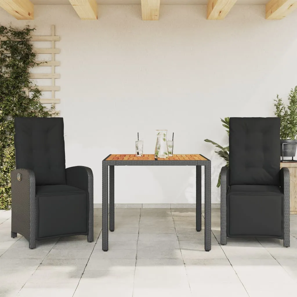 vidaXL Set da Bistrò 3 pz con Cuscini Nero in Polyrattan