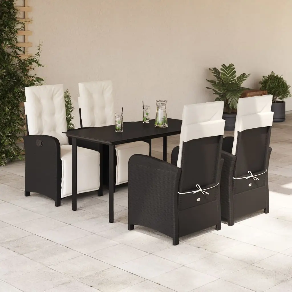 Set da Pranzo da Giardino 5 pz Nero con Cuscini in Polyrattan