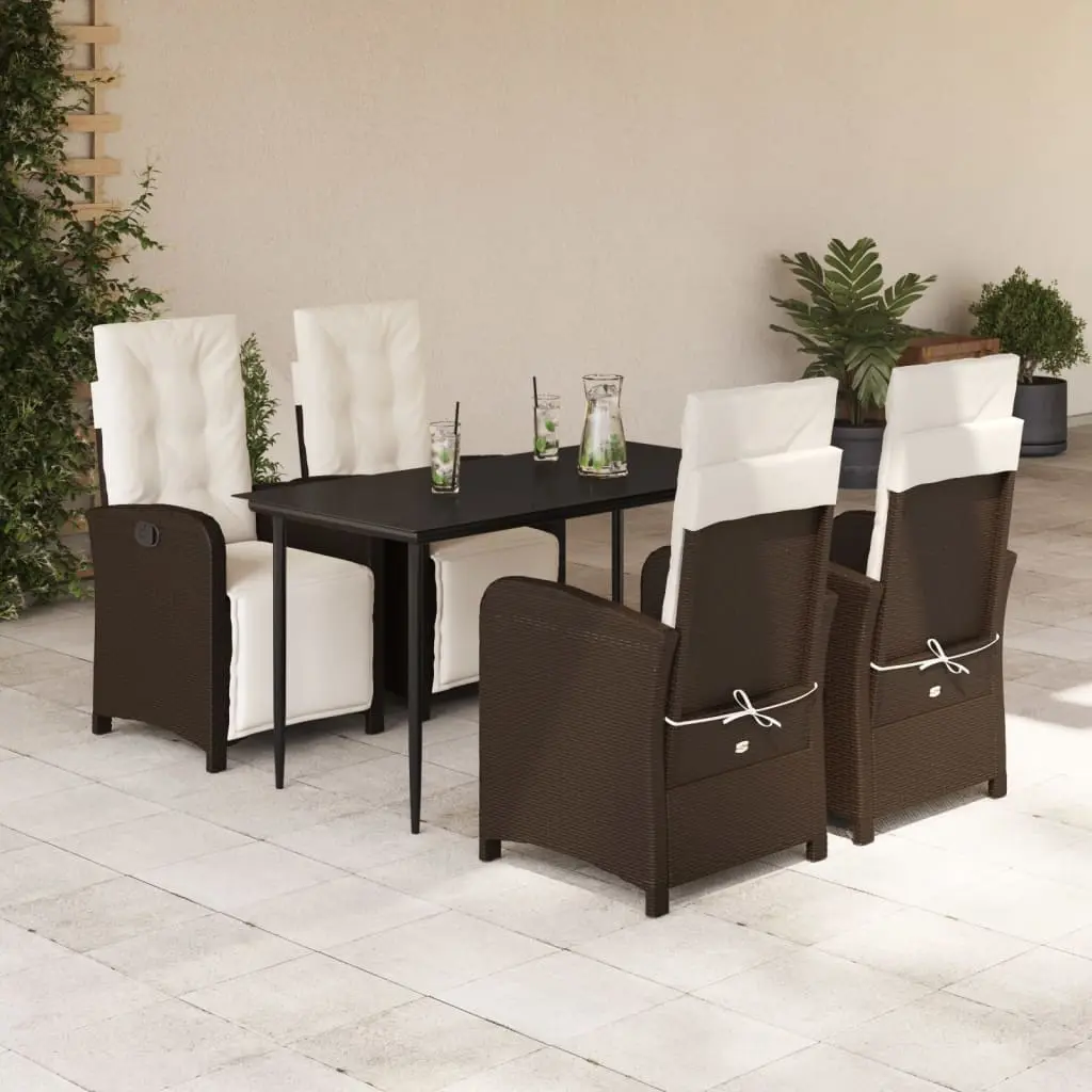 Set da Pranzo da Giardino 5pz con Cuscini in Polyrattan Marrone