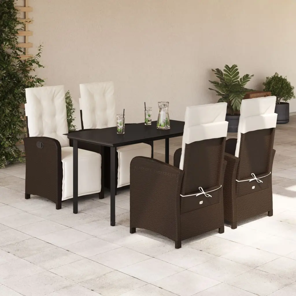 Set da Pranzo da Giardino 5pz con Cuscini in Polyrattan Marrone