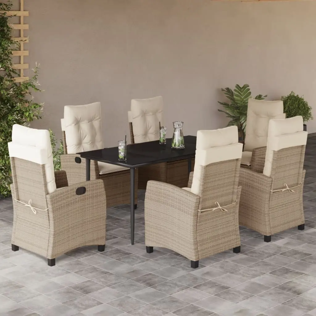 Set da Pranzo da Giardino 7 pz con Cuscini Beige in Polyrattan