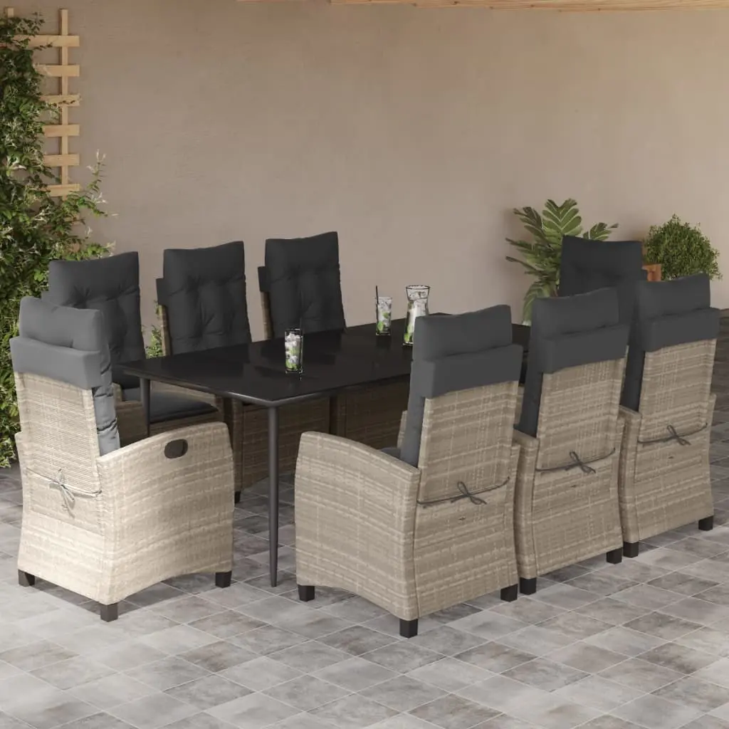 Set Pranzo da Giardino 9pz con Cuscini Grigio Chiaro Polyrattan